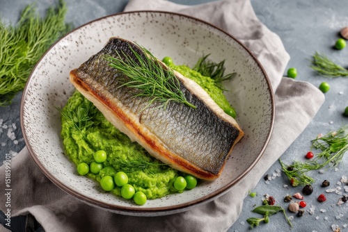 Delicious pan-fried sea bass fillet served with mashed green peas and fresh dill, presented on an elegant plate with a textured grey background. photo