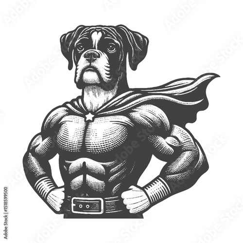 Vintage Hand-Drawn Boxer Dog Illustration – With Superhero Cape Engraved Style Vector for T-Shirts, Posters, Stickers, and Heroic Dog Themes Apparel