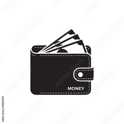Full Wallet with Money Illustration.A simple, black and white silhouette of a wallet with bills protruding.