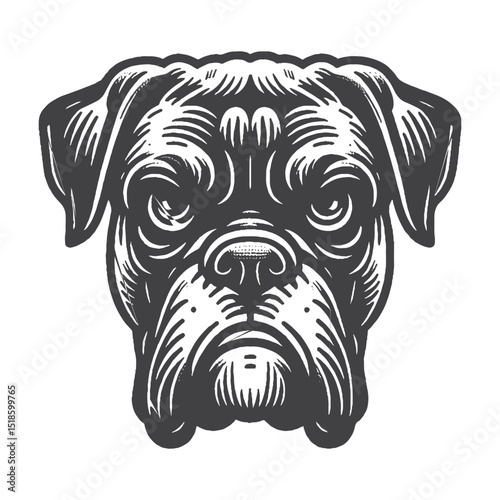 Vintage Hand-Drawn Boxer Dog Illustration – Head with Angry Expression Engraved Style Vector for T-Shirts, Posters, Stickers, and Fierce Dog Themes Apparel