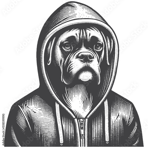 Vintage Hand-Drawn Boxer Dog Illustration – Wearing Hoodie Engraved Style Vector for T-Shirts, Posters, Stickers, and Casual Dog Themes Apparel