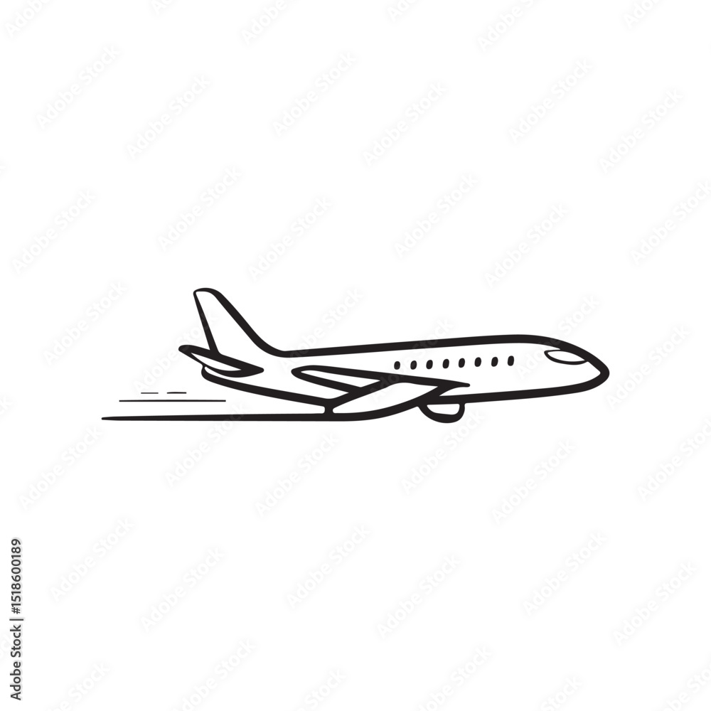 Hand-drawn illustration of a jet airplane taking off.Simple, black and white line drawing of a commercial jet airplane in the process of taking off, indicated by a subtle dash effect behind it. Hand-drawn illustration of a jet airplane taking off.Simple, black and white line drawing of a commercial jet airplane in the process of taking off, indicated by a subtle dash effect behind it.