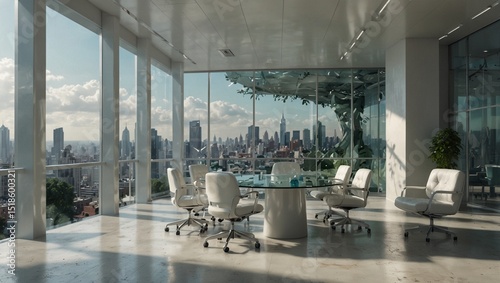 Modern conference room with skyline view at sunset