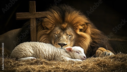 Lion and lamb peacefully sleeping together with Jesus’ cross symbolizing love and harmony
