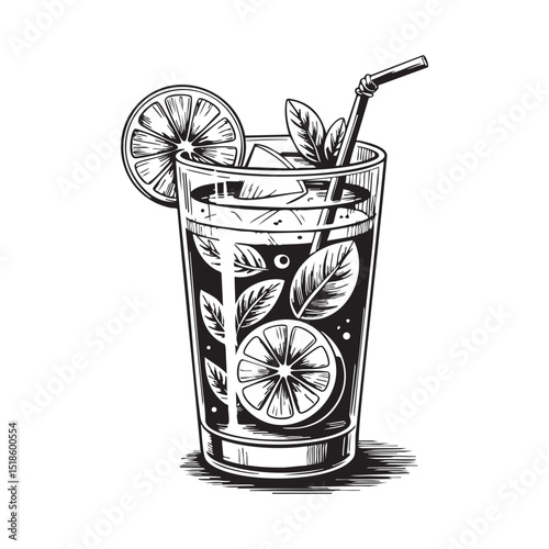 Mojito Cocktail Doodle Art in black and white ink on a Transparent PNG Background, super detailed clean doodle