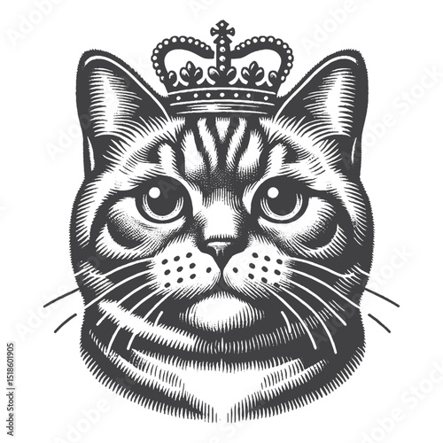 Vintage Hand-Drawn American Shorthair Illustration – Wearing Crown Engraved Style Vector for T-Shirts, Posters, Stickers, and Royal Cat Themes Apparel