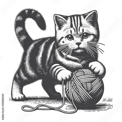 Vintage Hand-Drawn American Shorthair Illustration – Playing with Yarn Engraved Style Vector for T-Shirts, Posters, Stickers, and Playful Cat Themes Apparel