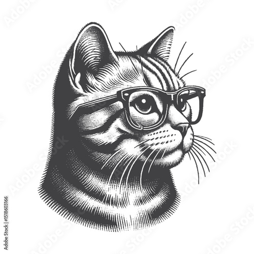 Vintage Hand-Drawn American Shorthair Illustration – Side Portrait Wearing Glasses Engraved Style Vector for T-Shirts, Posters, Stickers, and Intellectual Cat Themes Apparel