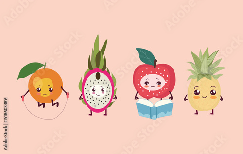 Set of cute  groovy fruits characters. Funny cartoon mascot of orange,apple,pineapple,dragon fruit with happy smile vector illustration
