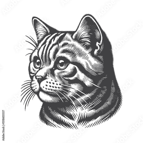 Vintage Hand-Drawn American Shorthair Illustration – Head Portrait Engraved Style Vector for T-Shirts, Posters, Stickers, and Classic Cat Themes Apparel