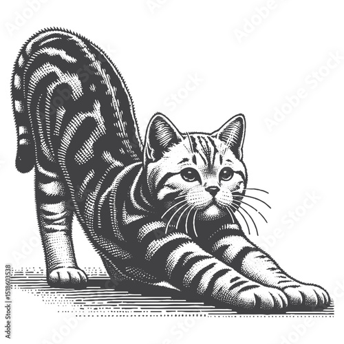 Vintage Hand-Drawn American Shorthair Illustration – Stretching Pose Engraved Style Vector for T-Shirts, Posters, Stickers, and Relaxed Cat Themes Apparel