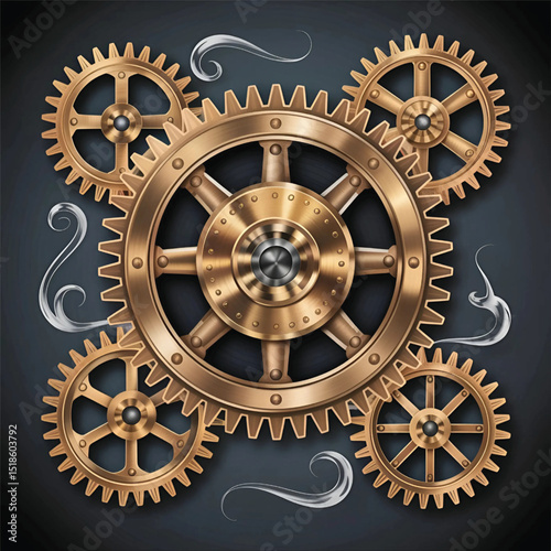 Brass Gears Mechanism - Steampunk Style Gears and Cogs with Smoke