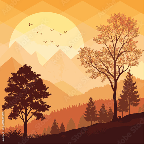 majestic mountain view sunset trees silhouette design vector