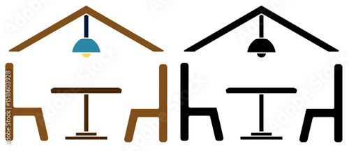 Simple dining room icon. Table, chairs and chandelier in line style. Interior design, floor plan, restaurant, cafe