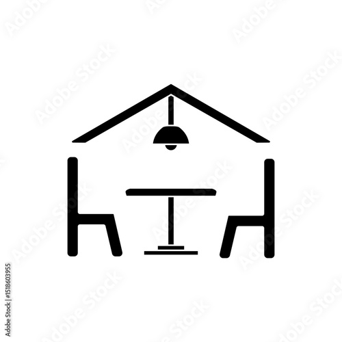 Simple dining room icon. Table, chairs and chandelier in line style. Interior design, floor plan, restaurant, cafe