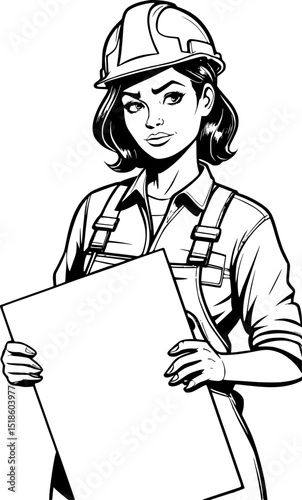 Female construction worker holding blank sign