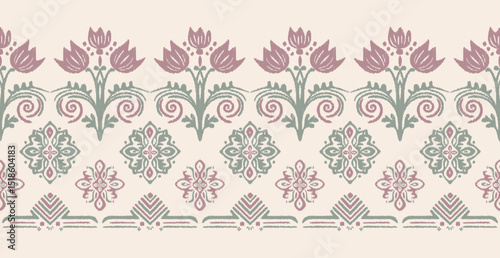 Floral Ikat pattern embroidery border.Motifs African boho paisley background.Ethnic floral Indian seamless.Aztec traditional textile design. Illustration for fabric, textiles