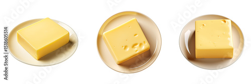 Collection set of fate cheese on yellow plates isolated on transparent background