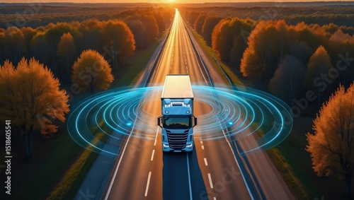 Illustration of autonomous truck driving on highway. Traffic sensors scan surroundings. Cargo delivery, future transportation powered by AI. Self driving vehicle on road.