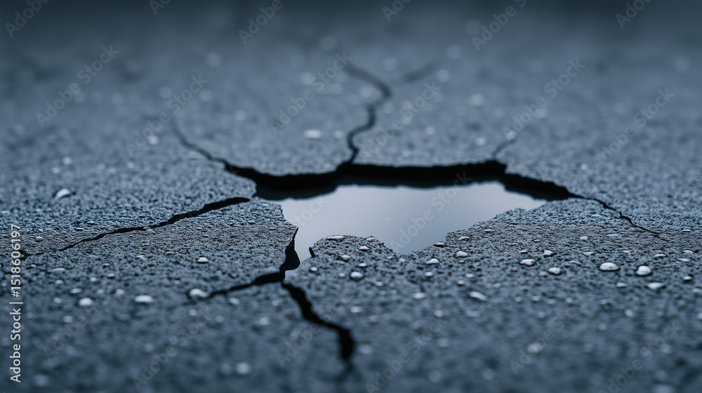 Obraz premium Cracked asphalt with water pooling in fissures on a dark surface 