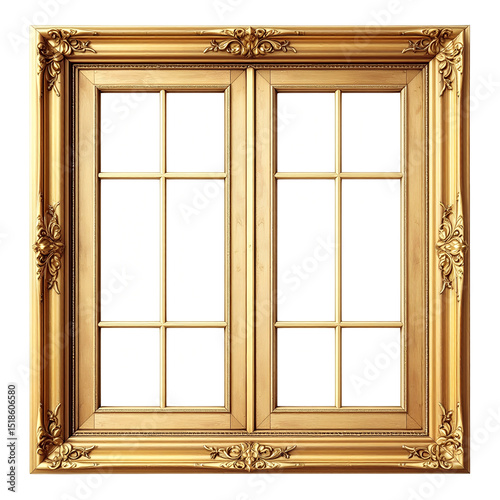 A luxurious golden window frame with detailed floral ornaments and rectangular panes PNG file isolated on transparent background cut out, clipping path, social media, Advertisement,high quality, HD.