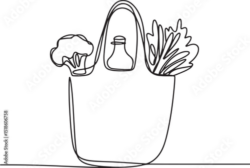 Continuous one line drawing of a reusable shopping bag filled with broccoli, bottle, and leafy vegetables in minimalist black and white style

