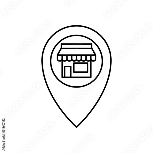 map location pin icon with shop or shophouse symbol inside, showing business location, local business, physical store, business address, local services, nearest store search, isolated on white