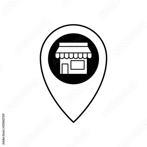 map location pin icon with shop or shophouse symbol inside, showing business location, local business, physical store, business address, local services, nearest store search, isolated on white