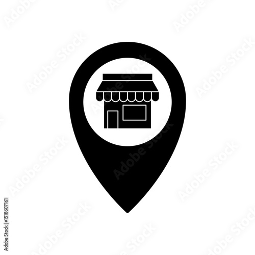 map location pin icon with shop or shophouse symbol inside, showing business location, local business, physical store, business address, local services, nearest store search, isolated on white
