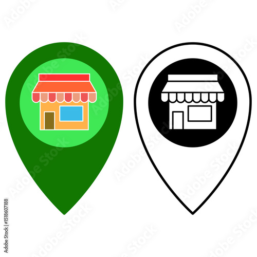 map location pin icon with shop or shophouse symbol inside, showing business location, local business, physical store, business address, local services, nearest store search, isolated on white