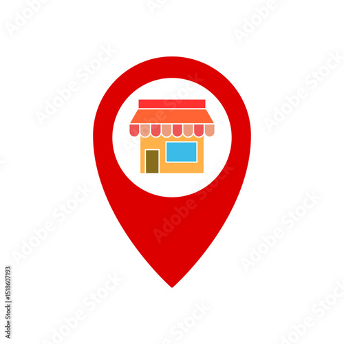 map location pin icon with shop or shophouse symbol inside, showing business location, local business, physical store, business address, local services, nearest store search, isolated on white