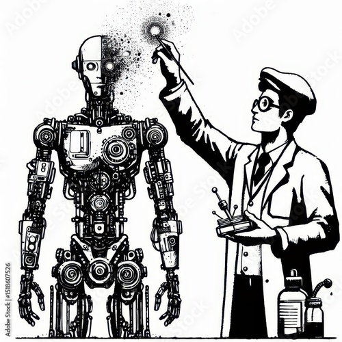 A man holding a brush and drawing a robot