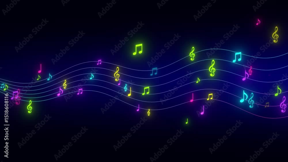 neon lights colorful music notes and cords flying animation, bar and concert social media motion background	