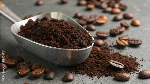 freshly ground coffee in a metal scoop surrounded by roasted coffee beans, showcasing rich texture and deep brown tones.