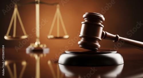 Judge gavel and scales of justice on reflective table. Courtroom decision and lawyer verdict concept. Legal judgment for rule of law.