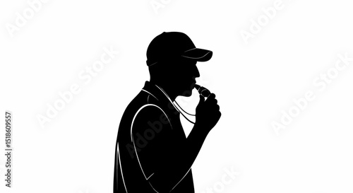 Male coach blowing whistle in silhouette against a white background  