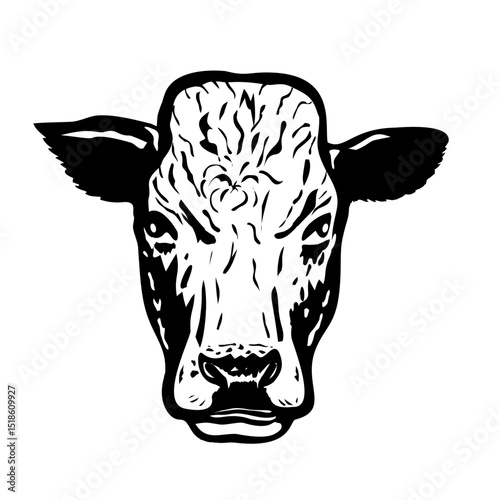 Mascot illustration of head of a Pustertaler Sprinzen, Pustertaler or Pustertaler Schecken, a rare Italian breed of cattle front view on isolated white background in retro black and white style.

