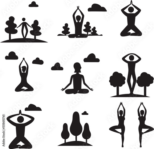 Black and white yoga poses illustration depicting tranquility and wellness in nature scenes with trees and clouds for meditation and exercise