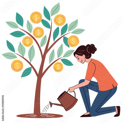 Woman watering growing money tree investment