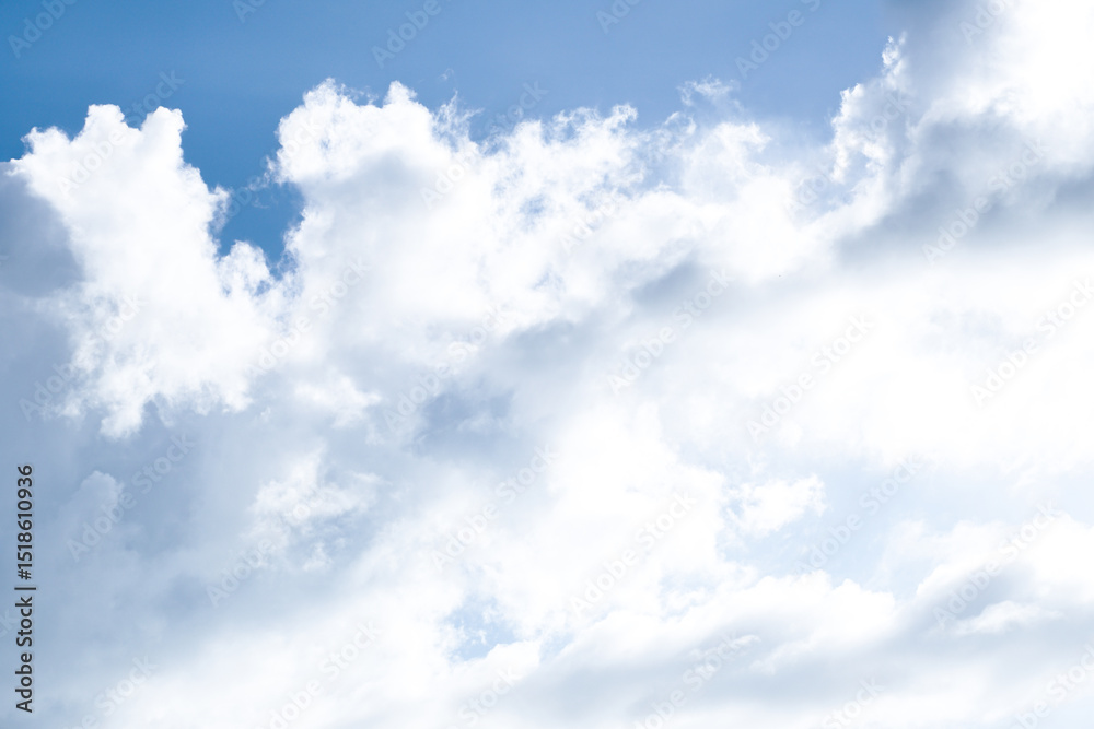 Fototapeta premium Aerial white clouds on blue sky. Blue sky backgrond nature. beautiful aerial cloudscape view from above, sunny heaven landscape, bright cloudy sky view from buttom with copy space