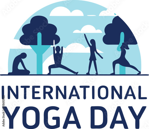 International yoga day celebration with silhouetted figures performing yoga poses under trees and a blue sky