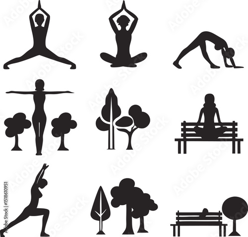 Silhouette collection of yoga poses and park elements illustrating wellness relaxation and outdoor activities for health and mindfulness