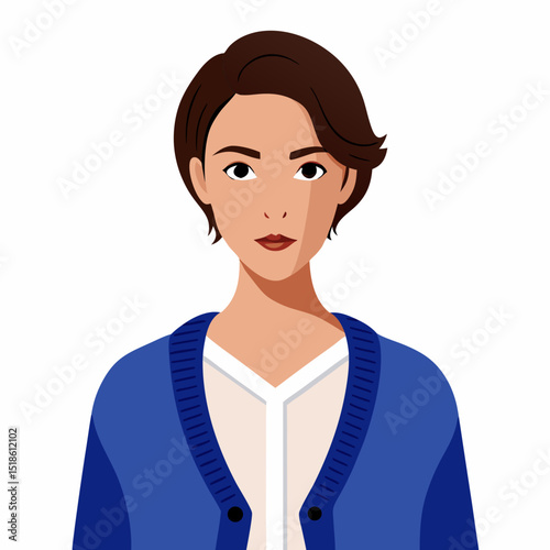 Portrait of a Young Woman with Short Brown Hair Wearing a Blue Cardigan
