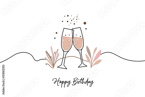 Hand-drawn illustration of champagne glasses with "Happy Birthday" text