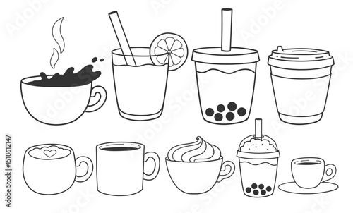 Vector illustration of various coffee, tea, and bubble tea cups. Black line art set of drink objects.