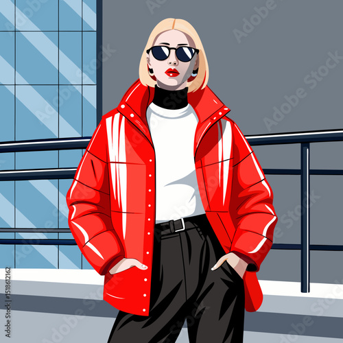 Stylish Blonde Woman in Red Puffer Jacket and Black Pants