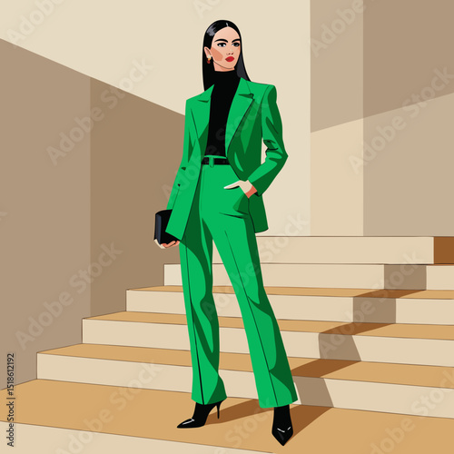Stylish Woman in Emerald Green Pantsuit on Beige Stairs