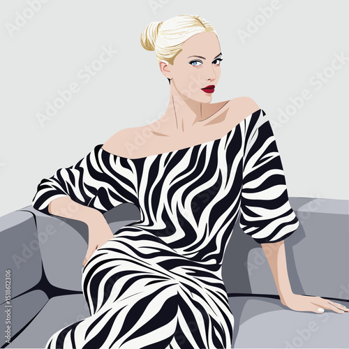Elegant Blonde Woman in Stylish Zebra Print Dress Sitting on Sofa