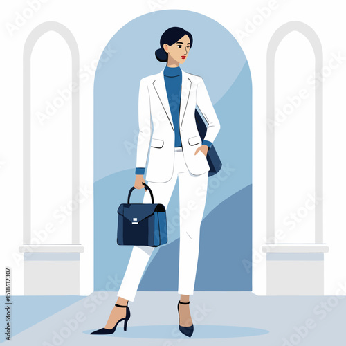 Confident Businesswoman in White Suit and Blue Accessories
