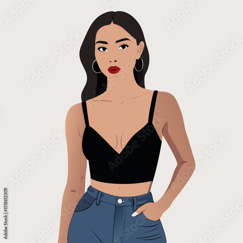 Stylish Woman with Dark Hair Wearing Black Crop Top and Blue Jeans